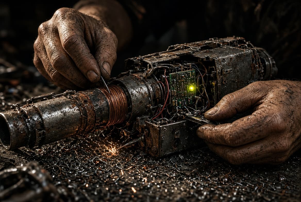 Close-up of hands assembling a jury-rigged coilgun from scrap parts