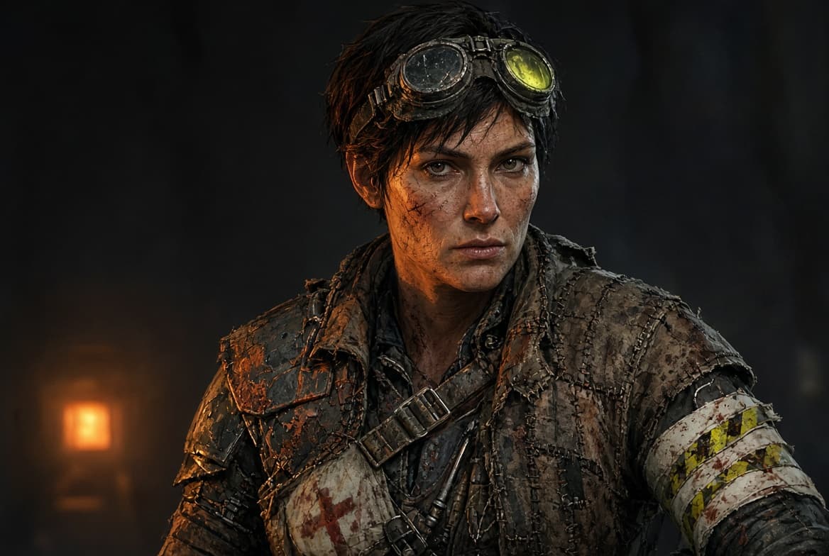 Portrait of Silo Doc Renna, a weathered field medic with hazard-tape bandaging