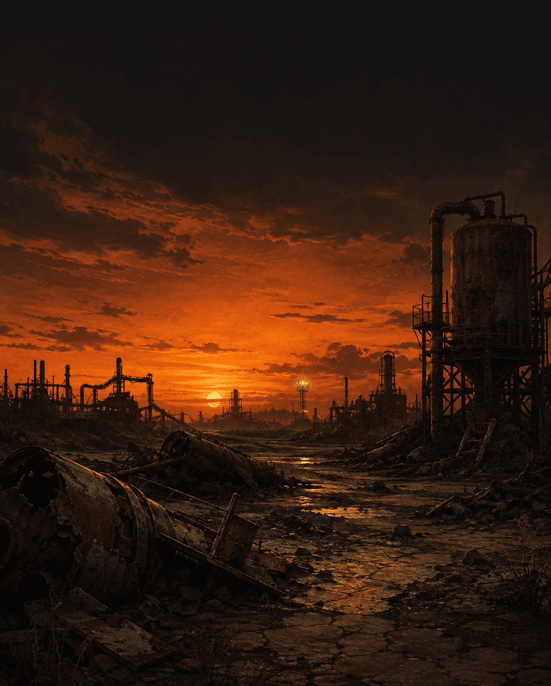 Atmospheric wasteland shot at dusk — rusted wreckage silhouettes under an oxide-orange sky