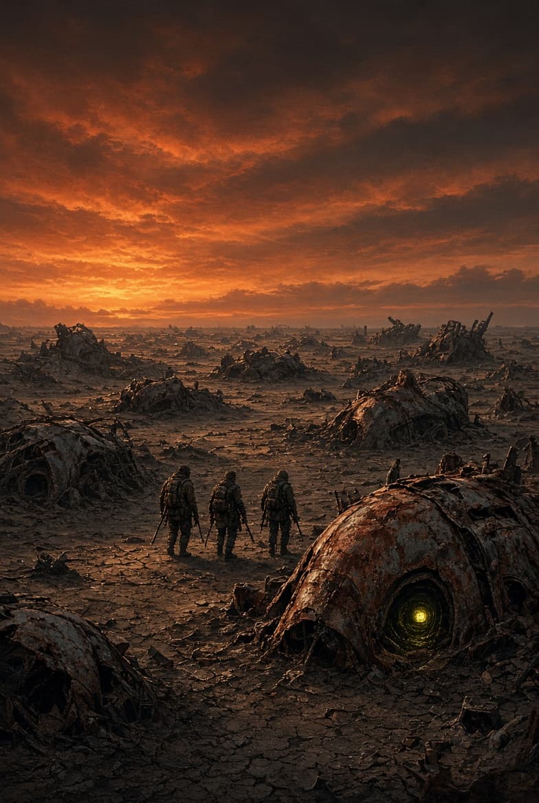 A scavenger crew silhouetted against a rusted supply-drone graveyard at dusk